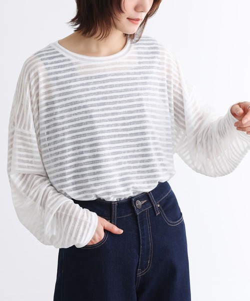 n'OrLABEL（ノアールレーベル）の「シアーボーダーカットソー（Tシャツ/カットソー・レディース・グレー/オフホワイト・FREE）」の5枚目の写真