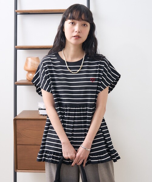 セール】ワンポイントハート刺繍 切替Tシャツ（Tシャツ
