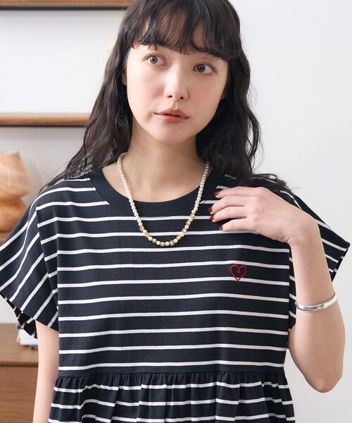 セール】ワンポイントハート刺繍 切替Tシャツ（Tシャツ
