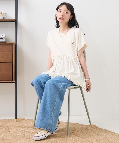 【ポイント使いの刺繍がかわいい♡】HERMES Tシャツ セール】ワンポイントハート刺繍 切替Tシャツ（Tシャツ