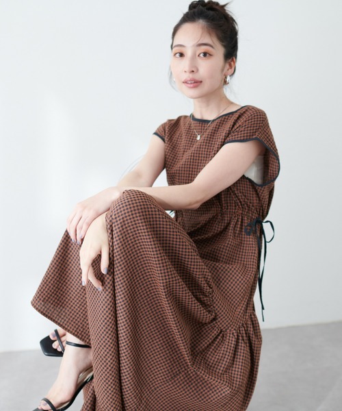 今季✿新品✿ ドロストデザインチェック柄ワンピース ピンク natural couture｜ドロストデザインチェック柄ワンピース