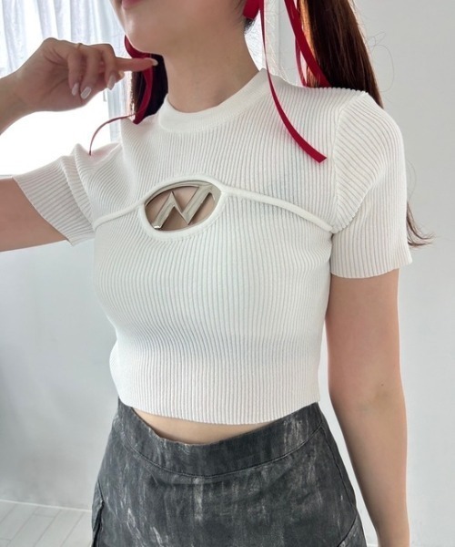 ipugo(イプゴ)の「ipugo/イプゴ ロゴミニ丈 半袖ニット 夏物 夏服(Tシャツ/カットソー・レディース・チャコール/ホワイト/カーキ・FREE)」の9枚目の写真