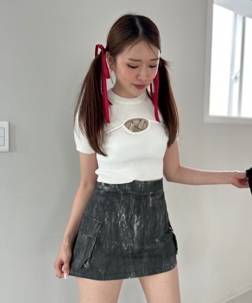 ipugo(イプゴ)の「ipugo/イプゴ ロゴミニ丈 半袖ニット 夏物 夏服(Tシャツ/カットソー・レディース・チャコール/ホワイト/カーキ・FREE)」の14枚目の写真