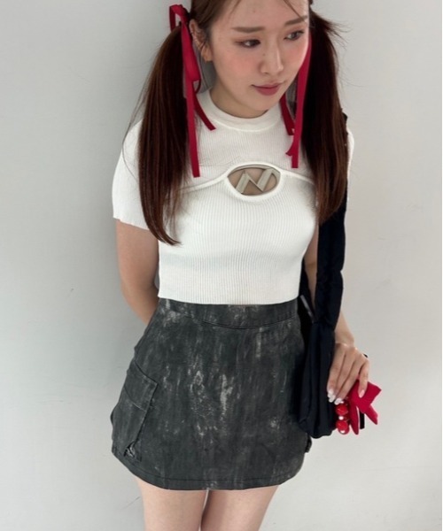 ipugo(イプゴ)の「ipugo/イプゴ ロゴミニ丈 半袖ニット 夏物 夏服(Tシャツ/カットソー・レディース・チャコール/ホワイト/カーキ・FREE)」の12枚目の写真