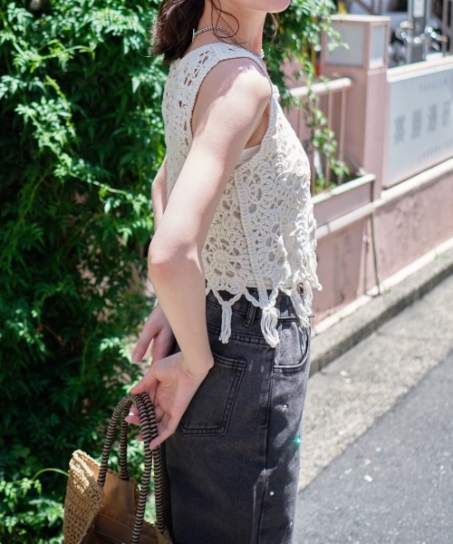 手編み　ビスチェ　フリンジ　オフホワイト ànuke - Fringe Knit Bustier / フリンジニットビスチェ