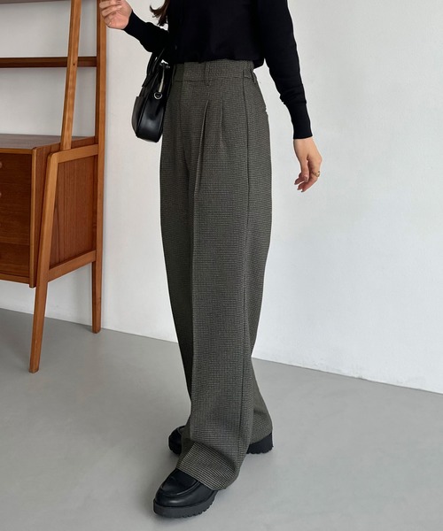 callautia（カラウティア）の「チェックワイドスラックスパンツ（スラックス・レディース・グレー/ダークベージュ/ブラウン・SMALL/MEDIUM/LARGE）」の6枚目の写真