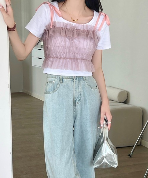 LADY LIKE(レディライク)の「肩リボンチュールシアーキャミトップス(キャミソール・レディース・パープル/アイボリー/ブラック/グレー・M)」の9枚目の写真