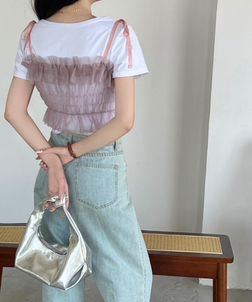 LADY LIKE(レディライク)の「肩リボンチュールシアーキャミトップス(キャミソール・レディース・パープル/アイボリー/ブラック/グレー・M)」の10枚目の写真