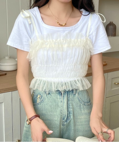 LADY LIKE(レディライク)の「肩リボンチュールシアーキャミトップス(キャミソール・レディース・パープル/アイボリー/ブラック/グレー・M)」の12枚目の写真
