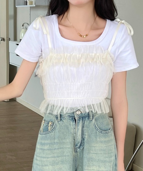 LADY LIKE(レディライク)の「肩リボンチュールシアーキャミトップス(キャミソール・レディース・パープル/アイボリー/ブラック/グレー・M)」の13枚目の写真