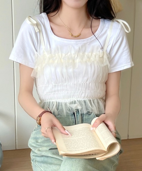 LADY LIKE(レディライク)の「肩リボンチュールシアーキャミトップス(キャミソール・レディース・パープル/アイボリー/ブラック/グレー・M)」の15枚目の写真