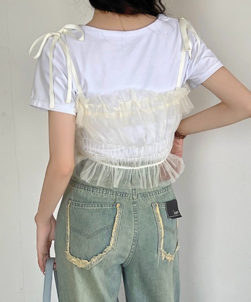 LADY LIKE(レディライク)の「肩リボンチュールシアーキャミトップス(キャミソール・レディース・パープル/アイボリー/ブラック/グレー・M)」の16枚目の写真