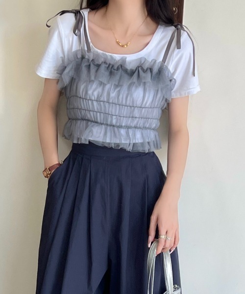 LADY LIKE(レディライク)の「肩リボンチュールシアーキャミトップス(キャミソール・レディース・パープル/アイボリー/ブラック/グレー・M)」の19枚目の写真