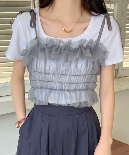 LADY LIKE(レディライク)の「肩リボンチュールシアーキャミトップス(キャミソール・レディース・パープル/アイボリー/ブラック/グレー・M)」の21枚目の写真
