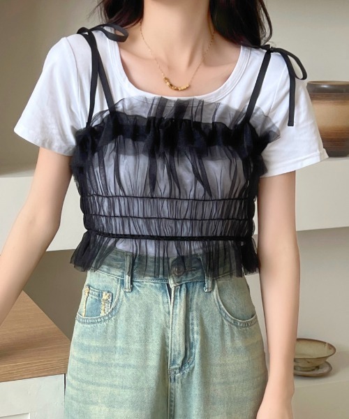 GOLDS♡胸元リボンデザイン♡肩紐ビジュー♡ボウタイドレープ♡キャミトップス セール】肩リボンチュールシアーキャミトップス（キャミソール