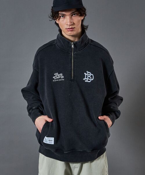 【セール】【BEN DAVIS（ベンデイビス）】LEAGUER FADED HALF ZIP / ヴィンテージライク オーバーサイズ シンプル ノームコア 刺繍 裏起毛（スウェット）｜BEN DAVIS（ベンデイビス）