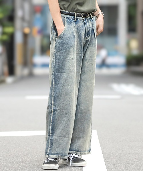 メンズ デニム ストリート ヴィンテージシュ加工 ワイドパンツ セール】ヴィンテージ加工ワイドデニムパンツ（デニムパンツ