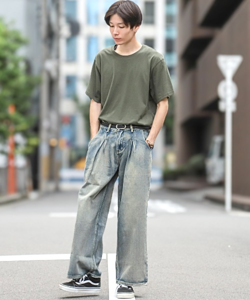 ヴィンテージ加工 ワイドジーンズ ルーズシルエット ストリート セール】ヴィンテージ加工ワイドデニムパンツ（デニムパンツ
