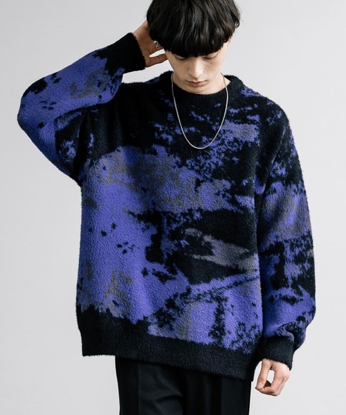 セール】フェザーヤーン オーバーサイズアブストラクト柄クルーネック
