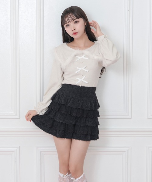 Honey Cinnamon（ハニーシナモン）の「リボン付きフェザーニットソー（ニット/セーター・レディース・ブラック/アイボリー・FREE）」の2枚目の写真