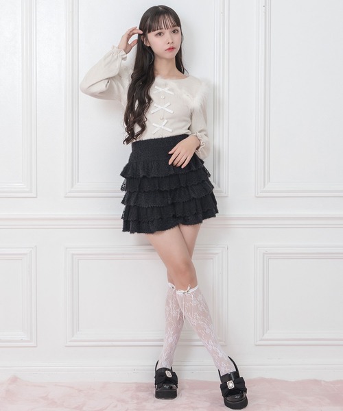 Honey Cinnamon（ハニーシナモン）の「リボン付きフェザーニットソー（ニット/セーター・レディース・ブラック/アイボリー・FREE）」の4枚目の写真