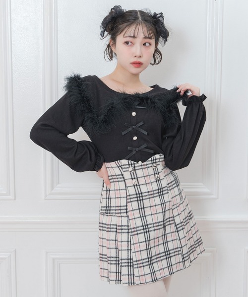 Honey Cinnamon（ハニーシナモン）の「リボン付きフェザーニットソー（ニット/セーター・レディース・ブラック/アイボリー・FREE）」の7枚目の写真