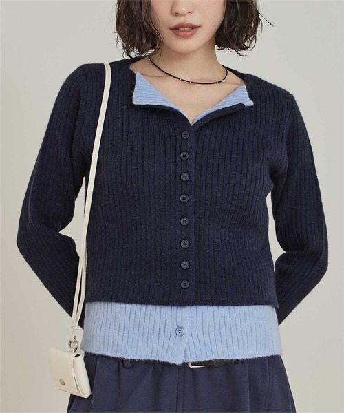 miette（ミエット）の「レイヤード配色ニットカーディガン（カーディガン/ボレロ・レディース・チャコール/ライトグレー/レッド/ブラック/ネイビー/ライトグリーン/ボルドー/グレー系その他・FREE）」の6枚目の写真