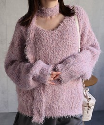 <レディース商品>ロングタイ付きシャギーニットトップス/ボウタイ付きニット/チョーカータイ