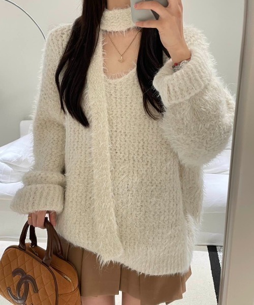 CREARE -LINO-(クレアーレリノ)の「<レディース商品>ロングタイ付きシャギーニットトップス/ボウタイ付きニット/チョーカータイ(ニット/セーター・レディース・ピンク/パープル/アイボリー/グレー/ブルー・FREE)」の17枚目の写真