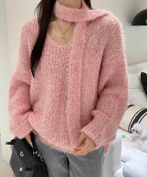 CREARE -LINO-(クレアーレリノ)の「<レディース商品>ロングタイ付きシャギーニットトップス/ボウタイ付きニット/チョーカータイ(ニット/セーター・レディース・ピンク/パープル/アイボリー/グレー/ブルー・FREE)」の20枚目の写真
