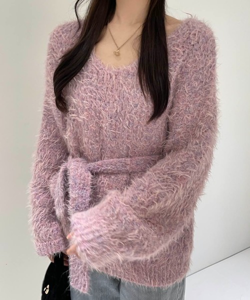 CREARE -LINO-(クレアーレリノ)の「<レディース商品>ロングタイ付きシャギーニットトップス/ボウタイ付きニット/チョーカータイ(ニット/セーター・レディース・ピンク/パープル/アイボリー/グレー/ブルー・FREE)」の18枚目の写真