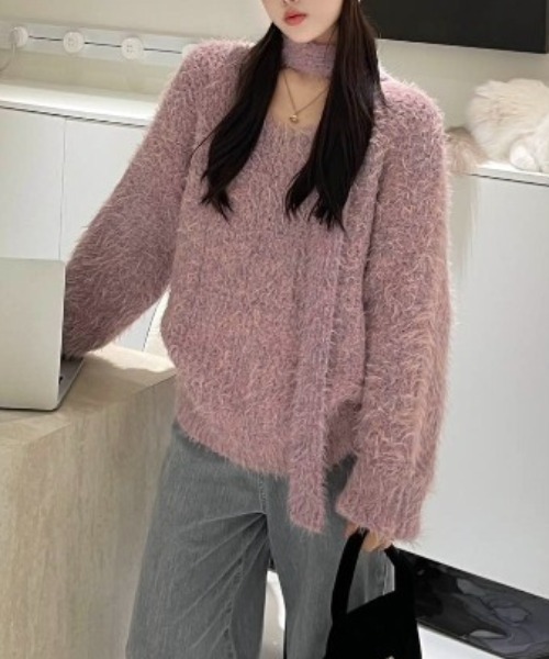 CREARE -LINO-(クレアーレリノ)の「<レディース商品>ロングタイ付きシャギーニットトップス/ボウタイ付きニット/チョーカータイ(ニット/セーター・レディース・ピンク/パープル/アイボリー/グレー/ブルー・FREE)」の7枚目の写真