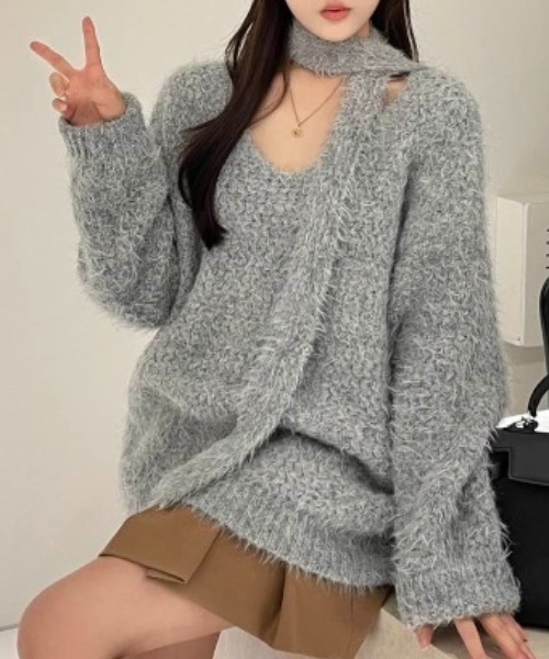 CREARE -LINO-(クレアーレリノ)の「<レディース商品>ロングタイ付きシャギーニットトップス/ボウタイ付きニット/チョーカータイ(ニット/セーター・レディース・ピンク/パープル/アイボリー/グレー/ブルー・FREE)」の8枚目の写真
