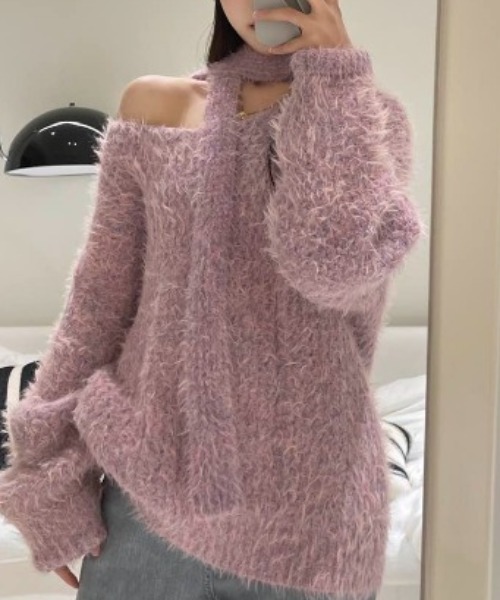CREARE -LINO-(クレアーレリノ)の「<レディース商品>ロングタイ付きシャギーニットトップス/ボウタイ付きニット/チョーカータイ(ニット/セーター・レディース・ピンク/パープル/アイボリー/グレー/ブルー・FREE)」の9枚目の写真