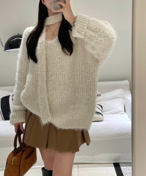 CREARE -LINO-(クレアーレリノ)の「<レディース商品>ロングタイ付きシャギーニットトップス/ボウタイ付きニット/チョーカータイ(ニット/セーター・レディース・ピンク/パープル/アイボリー/グレー/ブルー・FREE)」の11枚目の写真