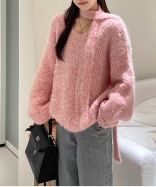 CREARE -LINO-(クレアーレリノ)の「<レディース商品>ロングタイ付きシャギーニットトップス/ボウタイ付きニット/チョーカータイ(ニット/セーター・レディース・ピンク/パープル/アイボリー/グレー/ブルー・FREE)」の13枚目の写真