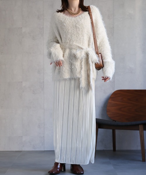 美品♡パーリーゲイツ♡ニットジップジャケット♡ネイビー♡ホワイト♡ボーダー♡S レディース商品＞ロングタイ付きシャギーニットトップス