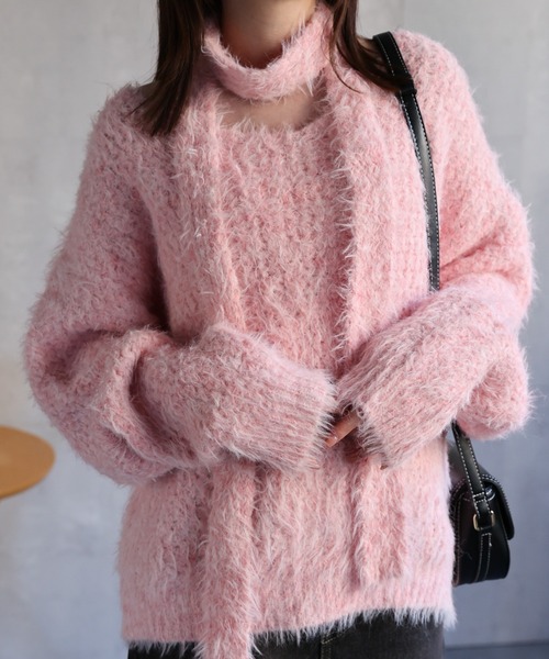 セール】＜レディース商品＞ロングタイ付きシャギーニットトップス