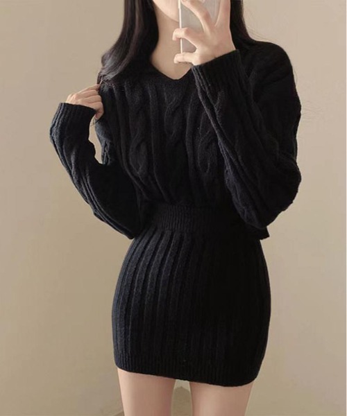 gossip!ロサンゼルス(ゴシップロサンゼルス)の「フード付きニットプルオーバー&ミニスカート セットアップ(セットアップ・レディース・マスタード/グレー/ブラック/オフホワイト・FREE)」の8枚目の写真