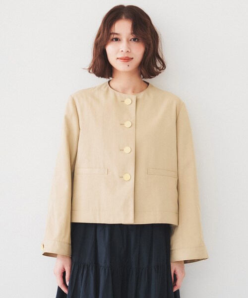 美品✨45R ノーカラージャケット コットン ベージュ 無地　クルーネック ツイードノーカラーミドル ジャケット （ノーカラージャケット）｜ANY