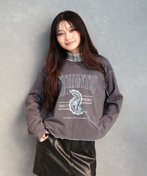 CECIL McBEE（セシルマクビー）の「コンパクトシルエットカレッジプリント配色メロートップス（Tシャツ/カットソー・レディース・オフホワイト/チャコールグレー・MEDIUM/LARGE）」の2枚目の写真