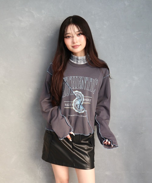 CECIL McBEE（セシルマクビー）の「コンパクトシルエットカレッジプリント配色メロートップス（Tシャツ/カットソー・レディース・オフホワイト/チャコールグレー・MEDIUM/LARGE）」の3枚目の写真