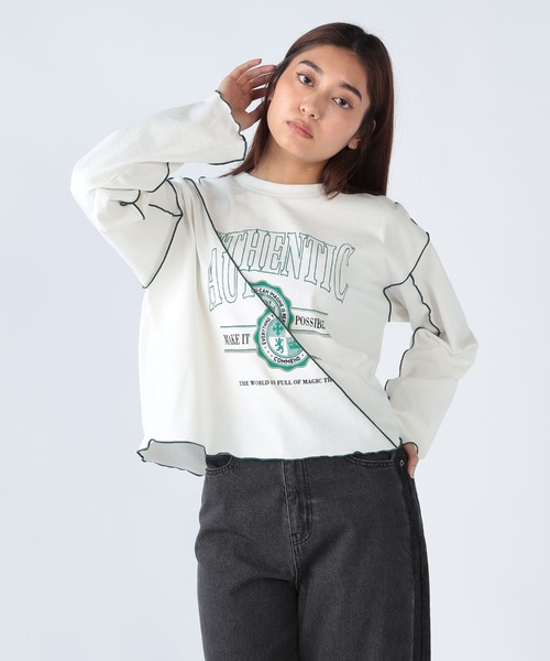 CECIL McBEE（セシルマクビー）の「コンパクトシルエットカレッジプリント配色メロートップス（Tシャツ/カットソー・レディース・オフホワイト/チャコールグレー・MEDIUM/LARGE）」の5枚目の写真