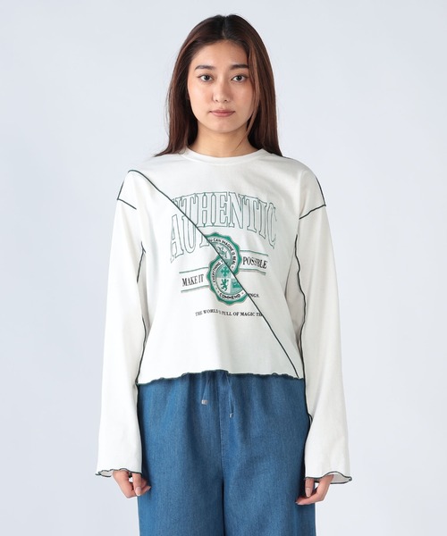 CECIL McBEE（セシルマクビー）の「コンパクトシルエットカレッジプリント配色メロートップス（Tシャツ/カットソー・レディース・オフホワイト/チャコールグレー・MEDIUM/LARGE）」の6枚目の写真