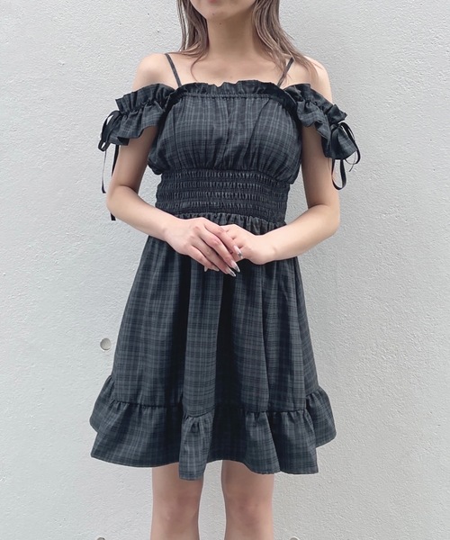 3way✭ミニ丈ワンピース★パーティードレス✭リボンワンポイント SALE!ツイードチェックミニワンピース/Aライン/ノースリーブ