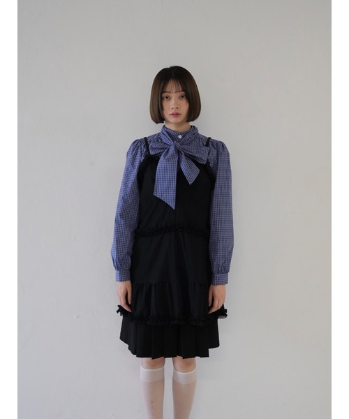 ブラウス シャツ 2way 取り外し可能 ボリュームリボン チェック柄 ブラウス シャツ レディース 2way 取り外し可能 ボリュームリボン チェック柄 ブラウス