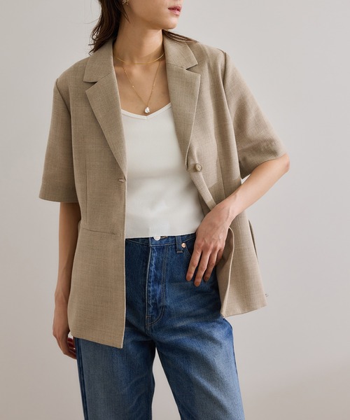 ROPE'(ロペ)の「リネンライク ベルテッドジャケット/セットアップ対応(テーラードジャケット・レディース・ブラック/ベージュ・38/36)」の5枚目の写真
