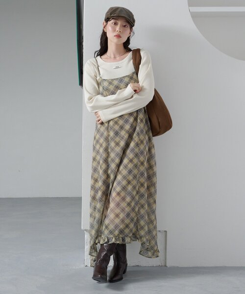 Kastane(カスタネ)の「【肩紐調節可/裏地付き】シアーチェックアシメワンピース(ワンピース・レディース・ベージュ/グレー/ブルー・FREE)」の8枚目の写真