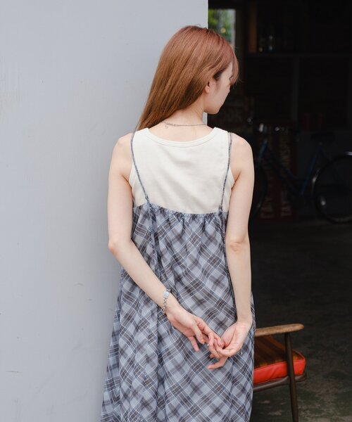 Kastane(カスタネ)の「【肩紐調節可/裏地付き】シアーチェックアシメワンピース(ワンピース・レディース・ベージュ/グレー/ブルー・FREE)」の18枚目の写真