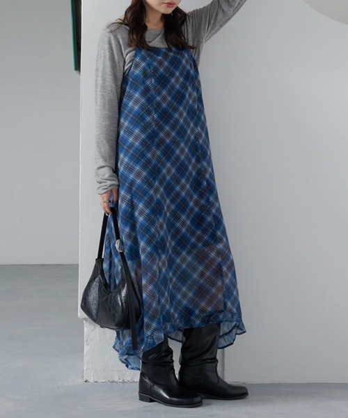 カスタネ　シアーチェックアシメワンピース 肩紐調節可/裏地付き】シアーチェックアシメワンピース